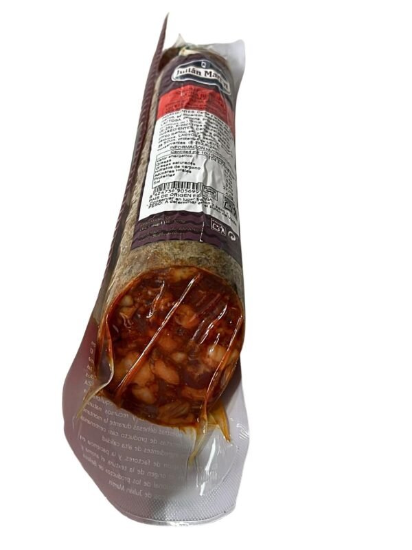 Corte en rodajas de chorizo cular ibérico bellota Julián Martín magros nobles montanera veteado grasa ibérica