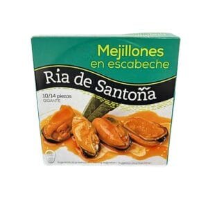 Mejillones en escabeche gigantes Conservas Ría de Santoña lata abierta