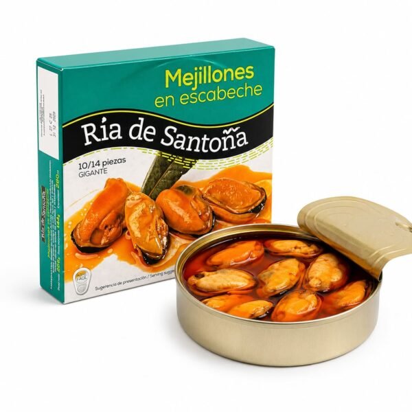 Lata abierta de mejillones gigantes en escabeche 10-14 Ría de Santoña