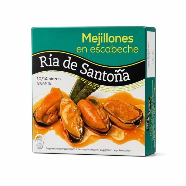 Estuche de mejillones gigantes en escabeche Ría de Santoña calibre 10-14