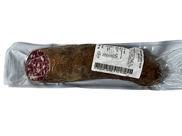 Salchichón ibérico bellota Guijuelo detalle textura grasa infiltrada mitad