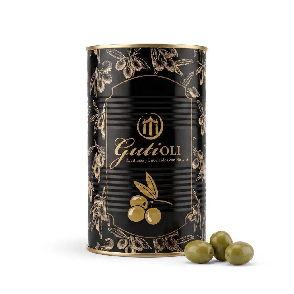 Lata gran formato de aceitunas gordal picantes Cachonditas Gutioli con tres aceitunas gordal junto al envase