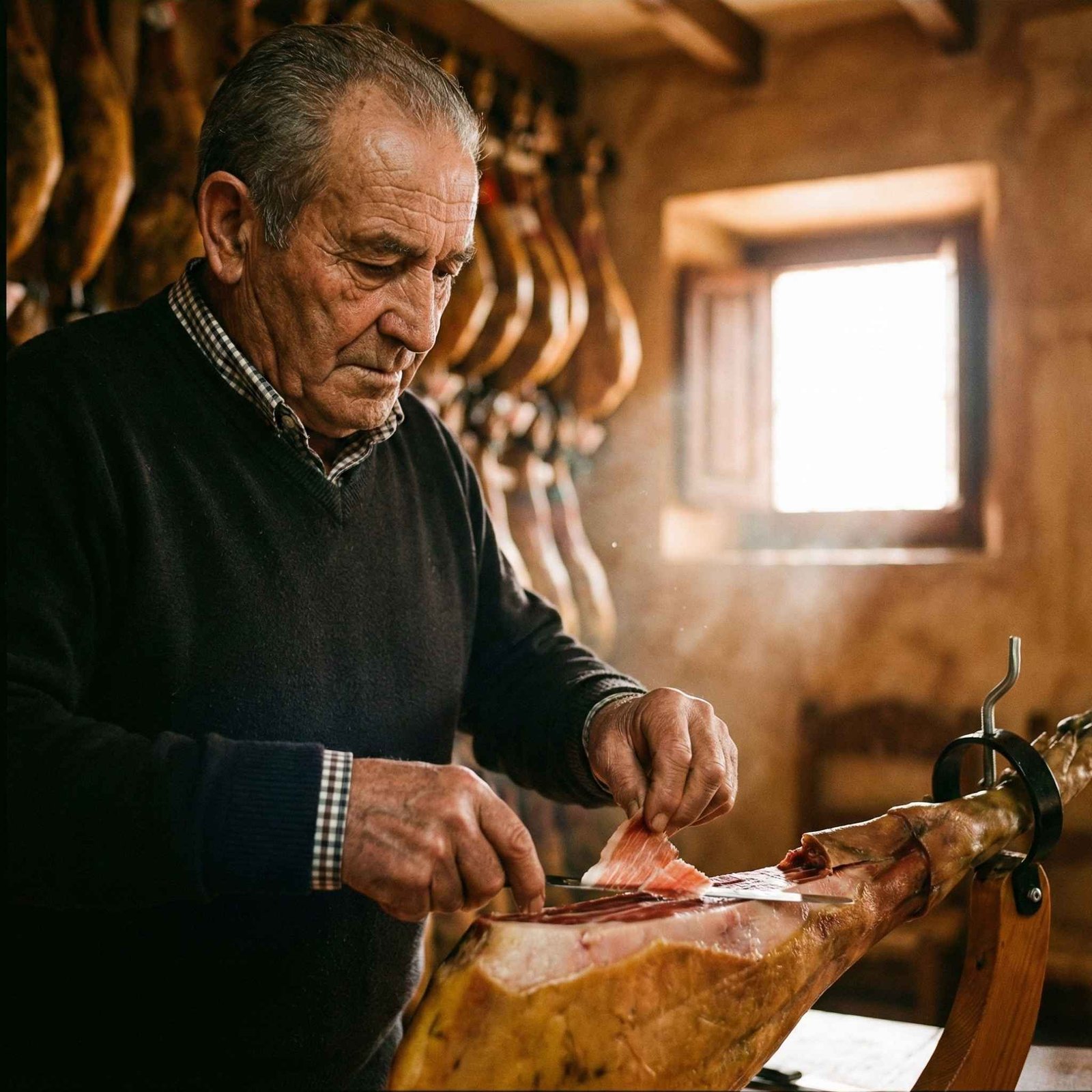 Maestro cortador loncheando jamón ibérico de bellota y embutidos artesanos