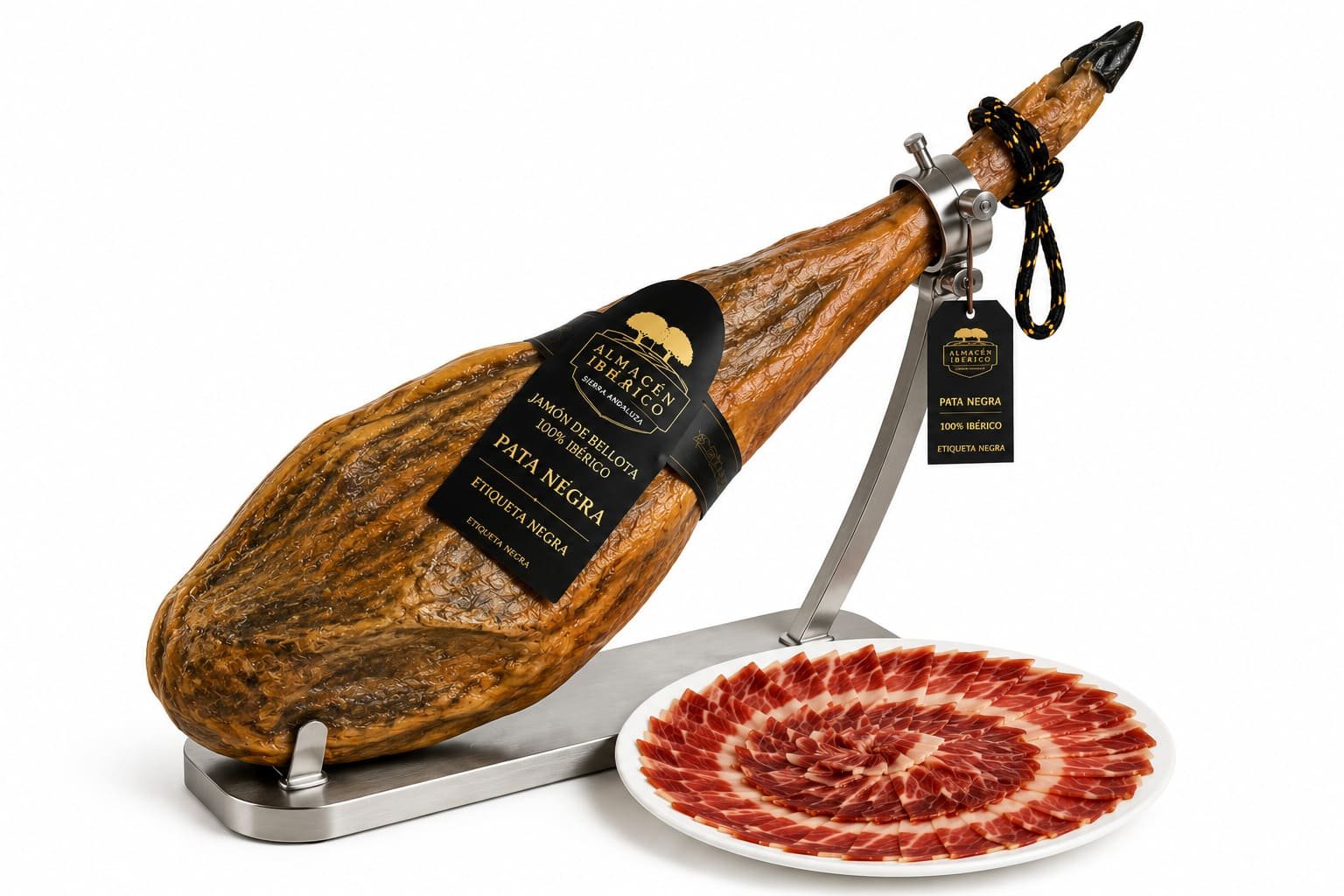 Jamón ibérico de bellota cortado a cuchillo en plato de pizarra