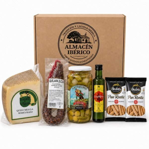 Cesta gourmet con queso, salchichón, encurtidos, AOVE y picos