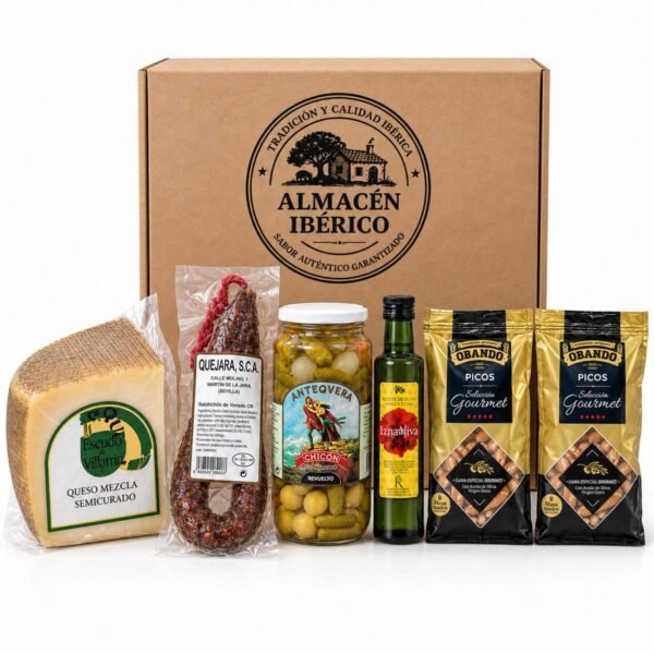 Cesta gourmet con queso, salchichón de venado, encurtidos, AOVE y dos bolsas de picos Obando