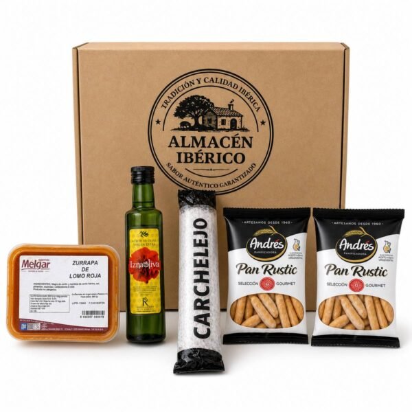 Cesta regalo gourmet con salchichón, zurrapa, AOVE y picos
