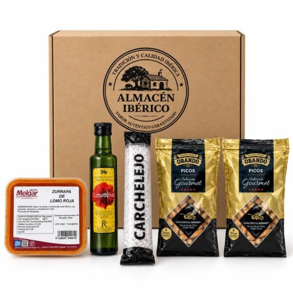 Cesta de embutidos con salchichón Carchelejo, zurrapa Melgar, AOVE y dos bolsas de picos Obando