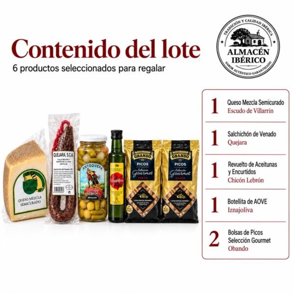 Contenido de la cesta gourmet con queso: seis unidades, incluidas dos bolsas de picos Obando
