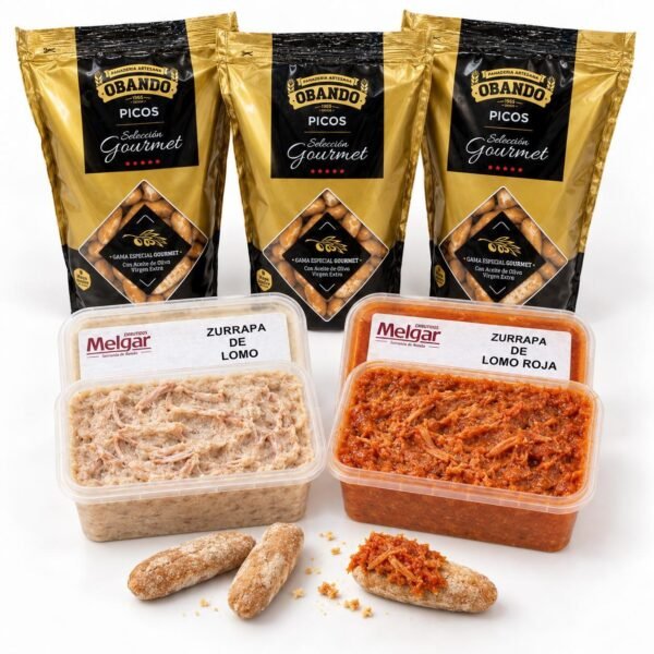 Pack de zurrapa de lomo blanca y colorá Melgar, dos tarrinas de 500 g y tres bolsitas de picos Obando