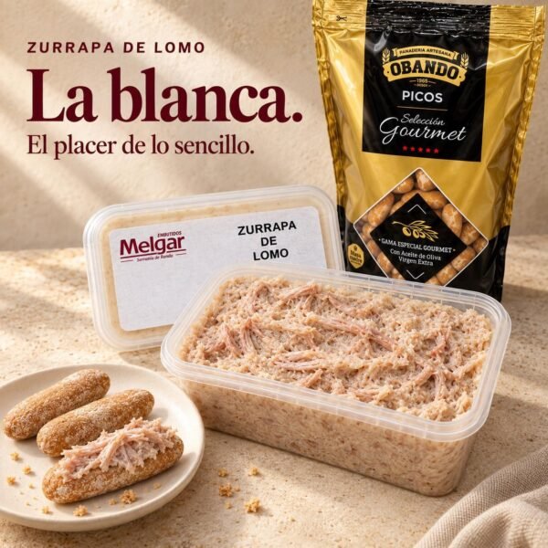 Zurrapa de lomo blanca Melgar en tarrina de 500 g acompañada de una bolsita de picos Obando