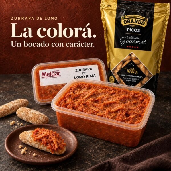 Zurrapa de lomo colorá Melgar con pimentón, tarrina de 500 g y una bolsita de picos Obando
