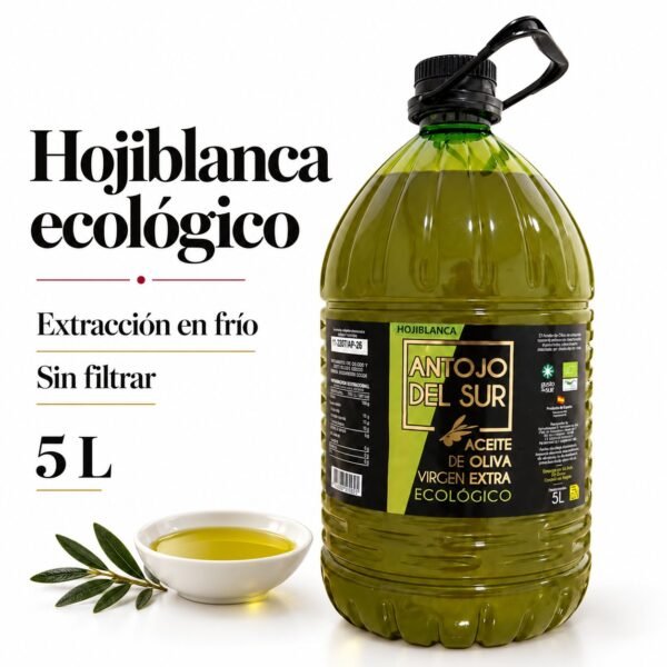 Aceite Hojiblanca ecológico Antojo del Sur de 5 L, extracción en frío y sin filtrar, junto a un cuenco de aceite
